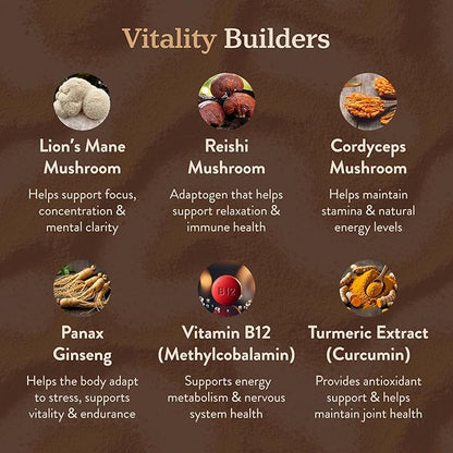 More. Longevity & Wellbeing Mushroom Superfood Blend with Natural Caffeine – 7 Functional Mushrooms with Lion’s Mane Supplement, Reishi, Chaga & Ashwagandha Extract , Instant Mushroom Supplement for Energy & Focus – Coconut Banana