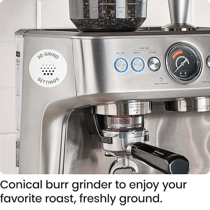 Chefman Crema Supreme 15 Bar Espresso Machine with Milk Frother, Barista Steam Wand, Professional Coffee Maker with Coffee Grinder, 30 Grind Settings, 3L Removable Water Tank - Stainless Steel