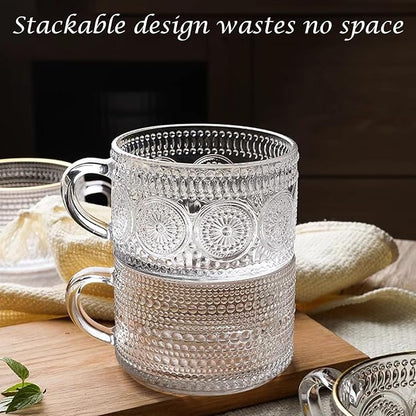 Vintage Coffee Tea Cups, Glass Mugs 14 Oz Set of 2 Embossed Glassware with Handle, for Cappuccino, Latte, Cereal, Yogurt, Beverage Hot/Cold, Milk
