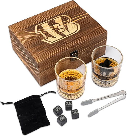 The Memory Company Officially Licensed NFL Wood Boxed Drinkware Set - 2 Premium Rocks Glasses with Laser-Etched Team Logo & Reusable cooling cubes, Whiskey & Cocktail Gift Set for Football Fans