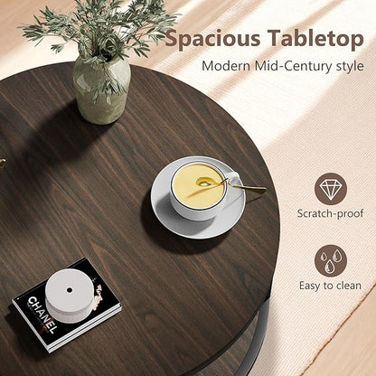 NSdirect 36 inches Round Coffee Table, Rustic Wooden Surface Top & Sturdy Metal Legs Industrial Sofa Table for Living Room Modern Design Home Furniture with Storage Open Shelf (Black Walnut, 36 in)