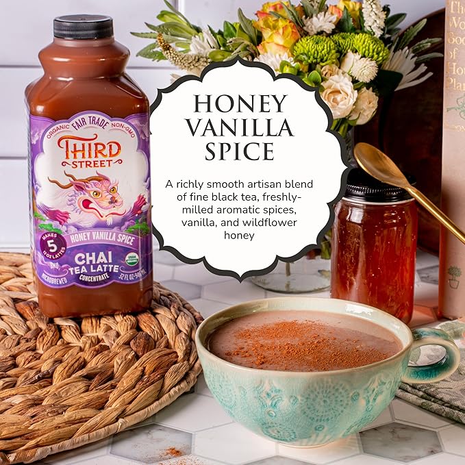 Third Street Inc. Organic Honey Vanilla Spice Chai Concentrated, 32 Fl. Oz., Chai Tea Latte Concentrate, Sweet and Smooth Tea Blend, Beverage Concentrate 1:1, Gluten Free, Kosher, Non-GMO