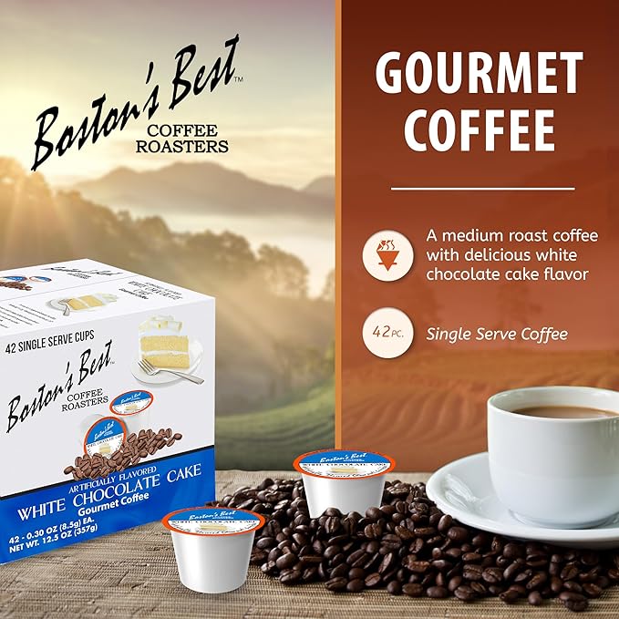 Boston’s Best - White Chocolate Cake Flavored Delicious Gourmet Coffee Compatible with Keurig Coffee Maker, 1 Count (42 Single Serve Medium Roast Cups)