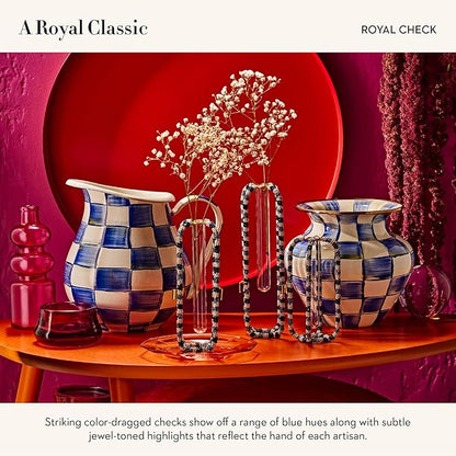 MACKENZIE-CHILDS Enamel Pitcher with Spout for Water, Cut Flowers, and Home Decor, 3 Quarts, Blue-and-White Royal Check