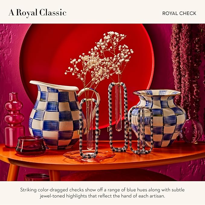 MACKENZIE-CHILDS Enamel Pitcher with Spout for Water, Cut Flowers, and Home Decor, 3 Quarts, Blue-and-White Royal Check