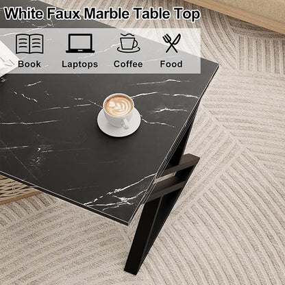 Coffee Table Living Room Table Black Center Table, Simple Modern Faux Marble Rectangular Tea Table with Sturdy Black-Finished Metal Frame,Industrial Wooden Coffee Table for Bedroom Home Office