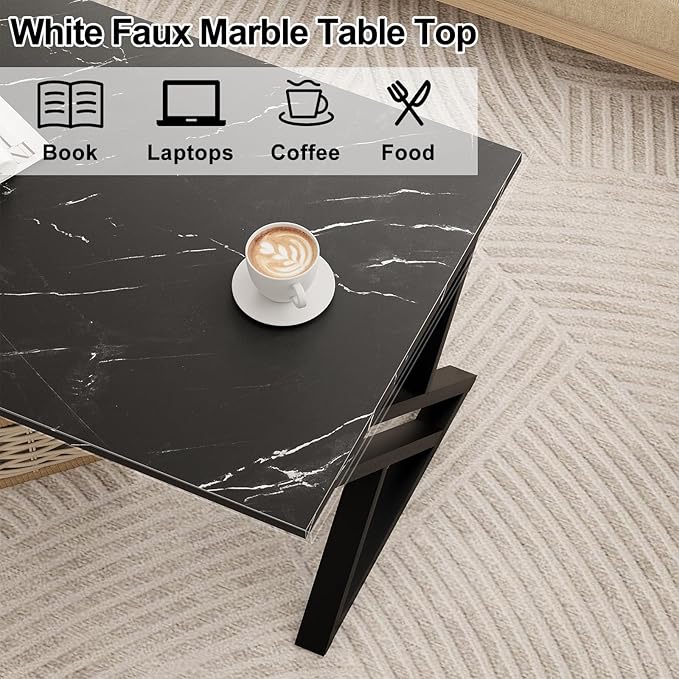 Coffee Table Living Room Table Black Center Table, Simple Modern Faux Marble Rectangular Tea Table with Sturdy Black-Finished Metal Frame,Industrial Wooden Coffee Table for Bedroom Home Office