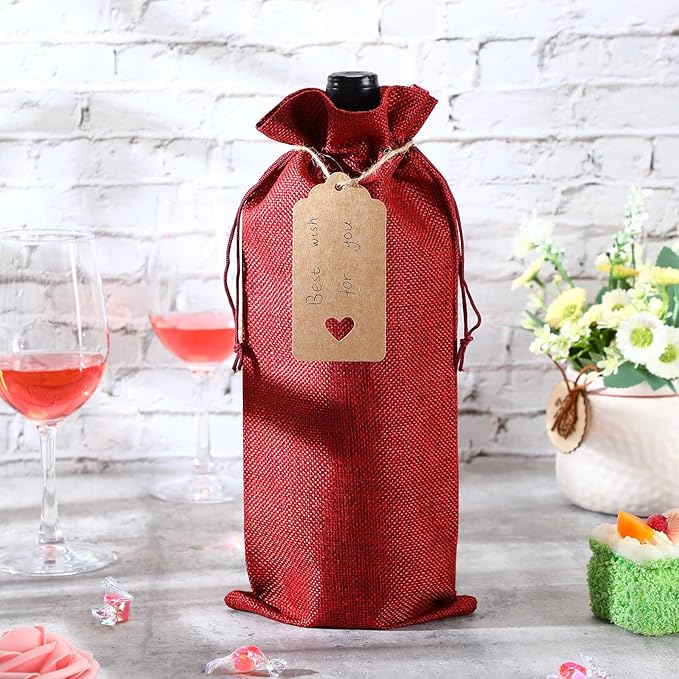 Windyun 100Pcs Burlap Wine Bags Drawstring Wine Bottle Gift Sacks with Tags 5.9 x 13.8 Inch Jute Burlap Plain Wine Bags for Wedding Birthday Blind Tastings Christmas Travel Party (Wine Red)