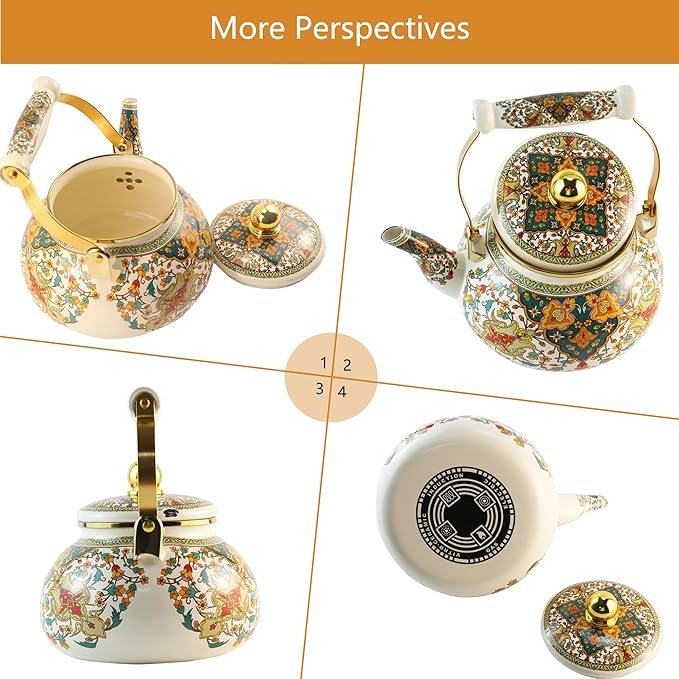 Floral Enamel Tea Kettle Vintage Gold Beige Teapot Colorful Boho Hot Water Coffee Kettle Pot 2.5L Porcelain Tea Pot with Ceramic Handle for Stovetop Hot Water Kitchen Decor