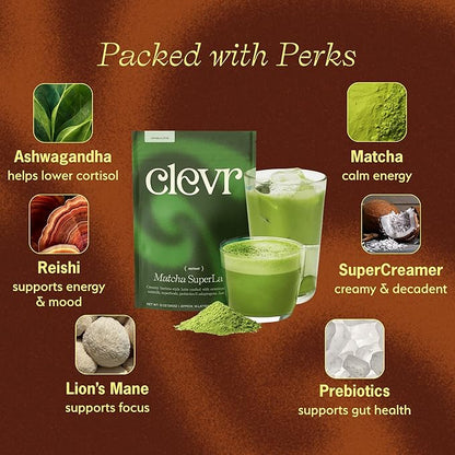 Clevr Blends Organic Matcha Green Tea Latte, Instant Ceremonial Grade, Superfood Powder Blend with Oat Milk, Lions Mane, Reishi Mushroom, Coconut Cream, Ashwagandha, Serve Hot or Iced, (30 Lattes)