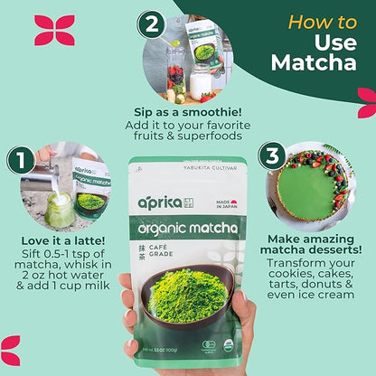 AprikaLife Organic Matcha Powder, USDA & JAS Certified, No Sugar Added, Authentic Japanese Cafe Grade Matcha Green Tea Powder Perfect for Matcha Lattes, Smoothies & Baking, 3.5 oz/100g
