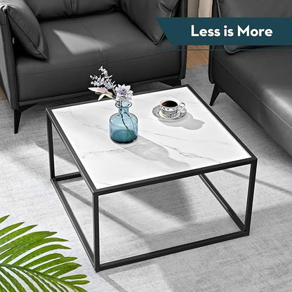 SAYGOER White Coffee Table,Small Square Coffee Table,Modern Center Table for Living Room Office 27.6 * 27.6 * 15.7 Inch, Easy Assembly, White Faux Marble Top