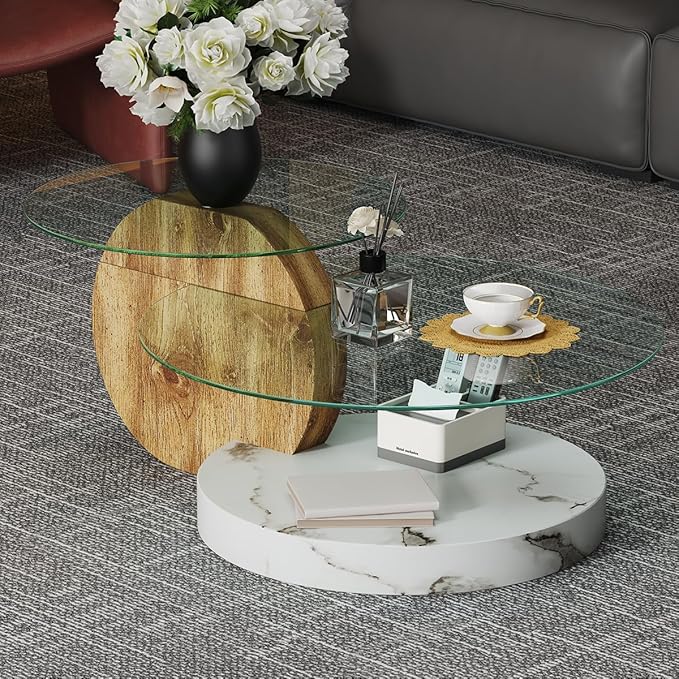 42 Inch Glass Coffee Table，Round Coffee Table with 2-Tier Tempered Glass Tabletop，Easy to Clean Circle Coffee Table with Sturdy Base for Living Room，Office （Brown & White Marble Colored Base）
