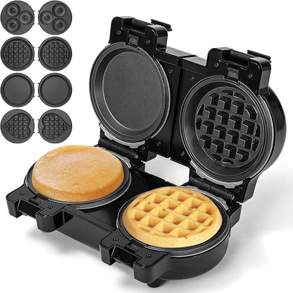 Mini Waffles Maker with 8 Removable Plates, 4 in 1 Double Small Waffle Maker Mini- Waffle, Heart Waffle, Pancake, Donut, 5" Non Stick Waffle Iron for Kid, Use One/Both Sides By the Button On the Back
