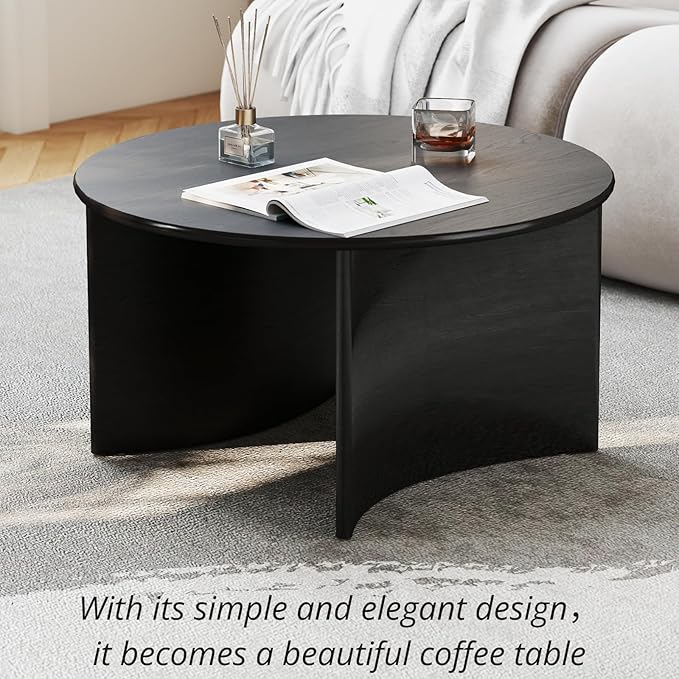 31.5'' Round Coffee Table, Black Circle Coffee Table with Curved Base, Solid Wood, Ideal for Living Room, Apartment, Compact Place