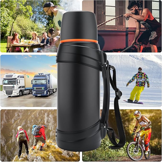 Large Thermosflask- 64oz Stainless Steel Insulated Bottle for Travel with BPA Free Cup - 2.0L Oversized Vacuum Insulated Thermoses with Handle and Strap for Hot & Cold Drinks(Black)