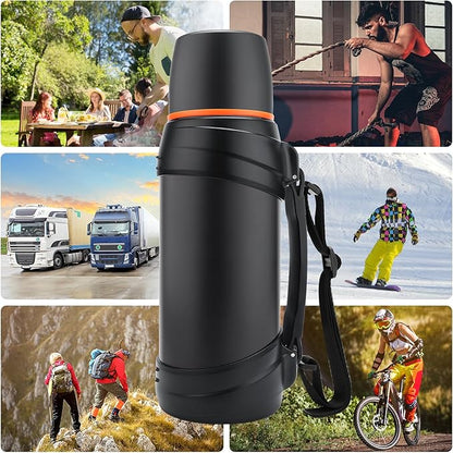 Large Thermosflask- 64oz Stainless Steel Insulated Bottle for Travel with BPA Free Cup - 2.0L Oversized Vacuum Insulated Thermoses with Handle and Strap for Hot & Cold Drinks(Black)