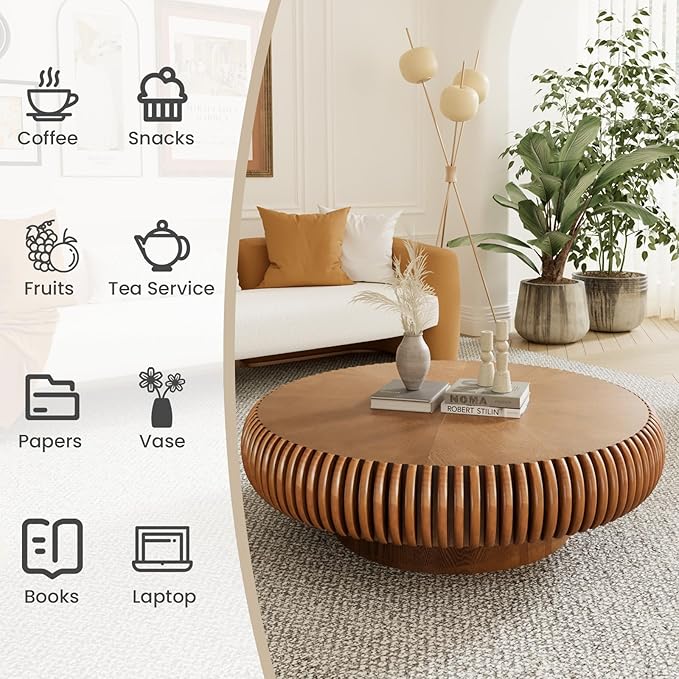 Round Fluted Coffee Table Modern Handcraft Drum Coffee Table with Sturdy Pedestal 39.37" Farmhouse Center Table Tea Table for Living Room, Reception Room, Entertainment Room (Brown 39.37")