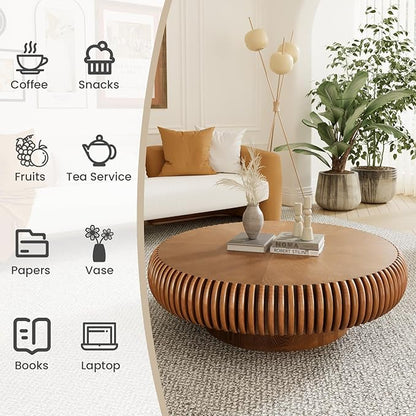 Round Fluted Coffee Table Modern Handcraft Drum Coffee Table with Sturdy Pedestal 39.37" Farmhouse Center Table Tea Table for Living Room, Reception Room, Entertainment Room (Brown 39.37")