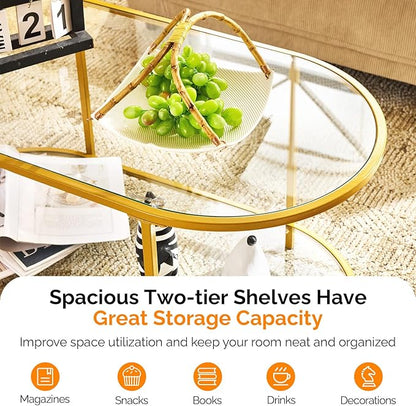 VINGLI 38" Oval Coffee Table, Transparent Glass Metal Coffe Table for Home Decor, Modern Center Table with 2-Tier Storage, Long Coffee Tables for Living Room, Office, Small Space, Champagne Gold
