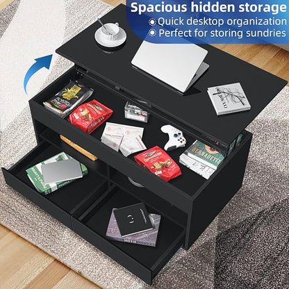 LED Coffee Table with Lift Top Morden Coffee Table with Storage High Gloss Black Sofa Table for Living Room Center Tables Hidden Compartment & 2 Drawers & 2 Open Shelve