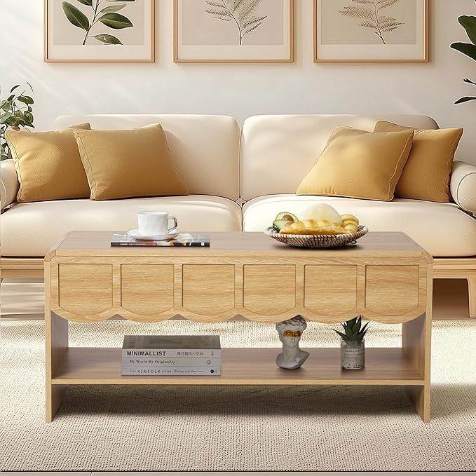 Lift Top Coffee Table with Hidden Compartment, 2 Tier Wooden Center Table with Wave Panel, Modern Lift Tabletop for Home Living Room Office, Natural