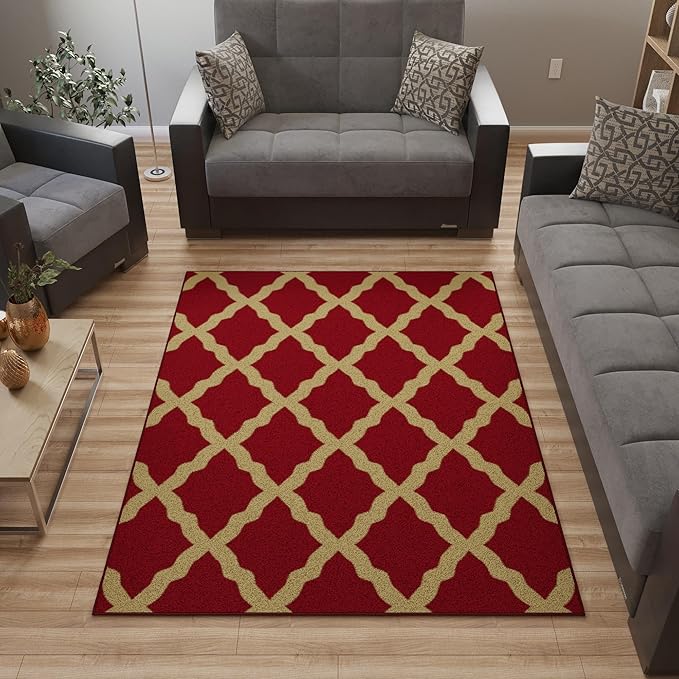Ottomanson 5' x 6'6" Rugs for Living Room Trellis Area Rug for Bedroom - Non Slip Durable Large Floor Carpet for High Traffic Areas - Indoor Rug for Dining Room Kitchen Kids Playroom, Red