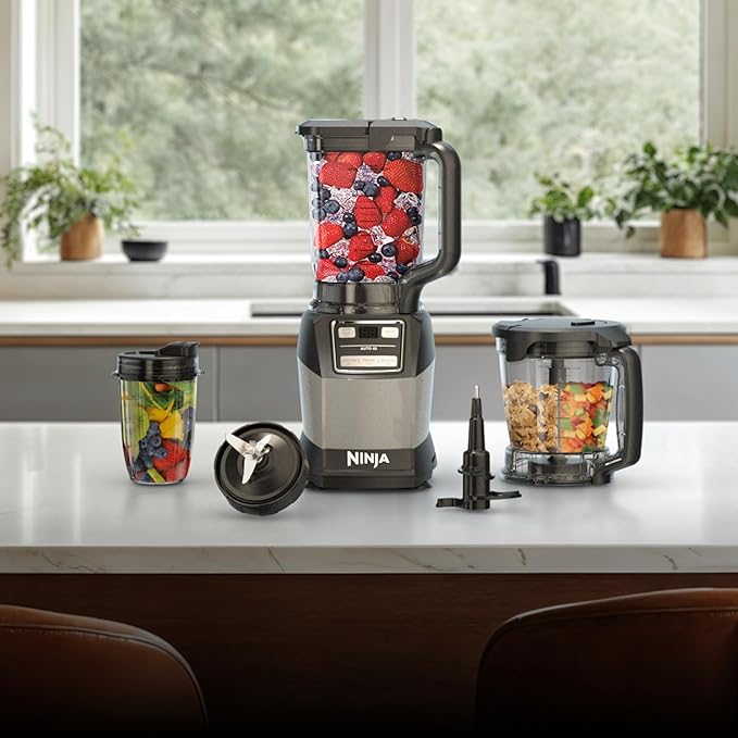 Ninja Blender, Compact Kitchen System, 1200W, 3 Functions for Smoothies, Dough & Frozen Drinks with Auto-IQ, 72-oz.* Blender Pitcher, 40-oz. Processor Bowl & 18-oz. Single-Serve Cup, Grey, AMZ493BRN