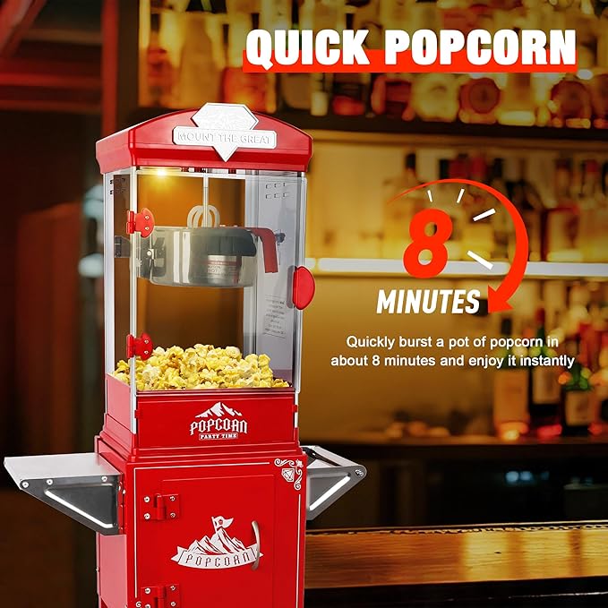 Portable Popcorn Machine with Cart & Wheels, 10 Oz Commercial Popcorn Maker with Kettle, Includes 3 Measuring Spoons for Home Theater, Parties, Events