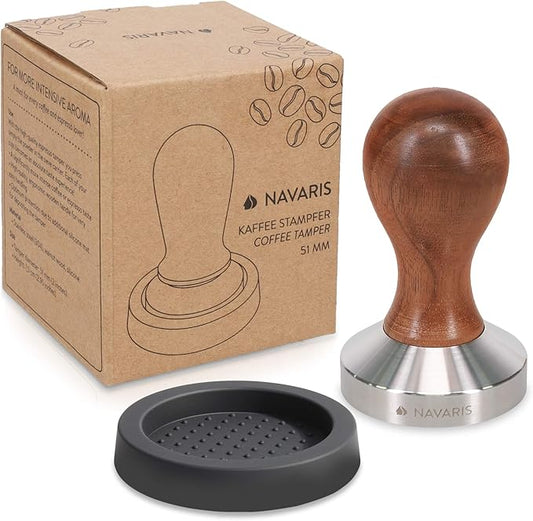 Navaris 2 Inch (51 mm) Walnut Handle Stainless Steel Espresso Coffee Tamper for Moka Pot - Modern Elegant Brown - 2 oz Capacity