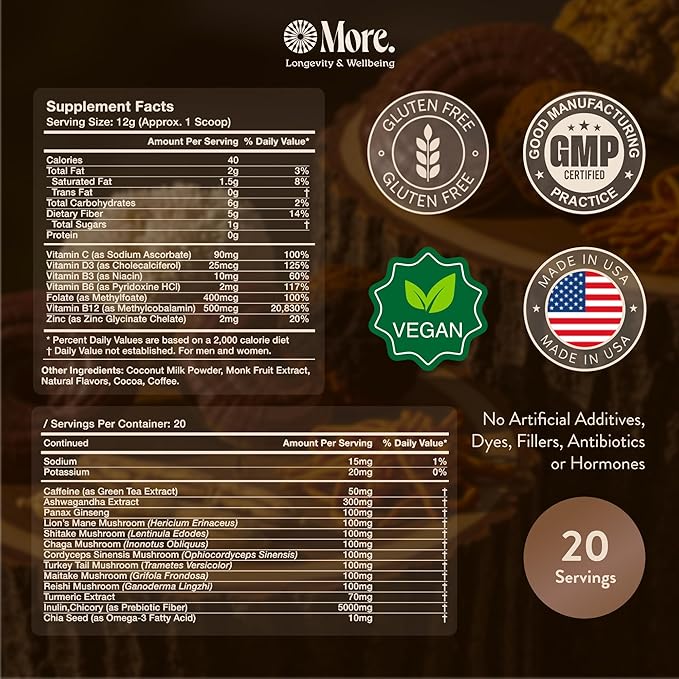 More. Longevity & Wellbeing Mushroom Coffee Superfood – 7 Functional Mushrooms with Lion’s Mane, Reishi, Chaga & Ashwagandha Extract, Instant Coffee Alternative with Prebiotics and Essential Vitamins for Focus & Energy, Salted Caramel Vanilla
