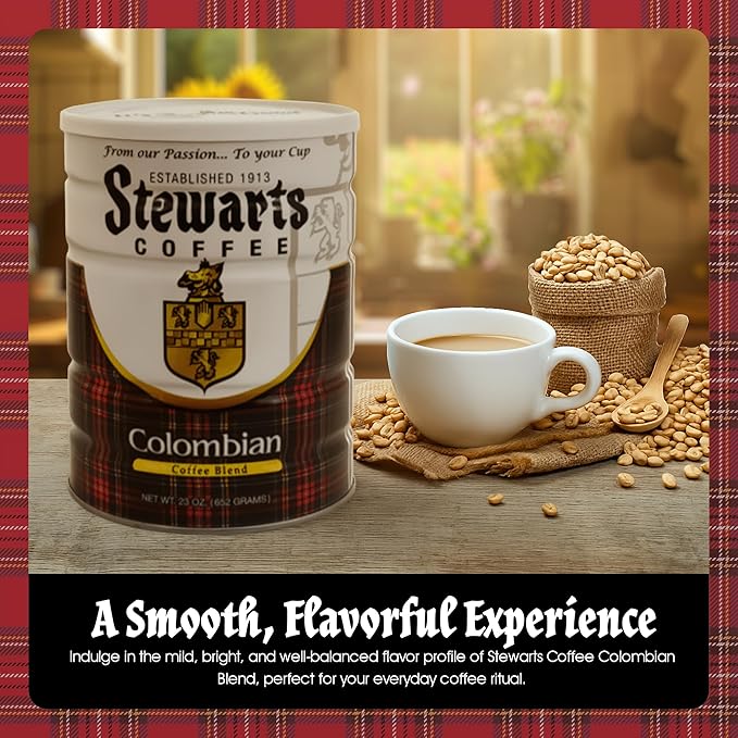 Stewarts Colombian Light Medium Roast Ground Coffee Blend - Mild, Bright, Tasty Flavored Gourmet Coffee Grounds - Great for Hot, Cold Brew, Morning Breakfast, Cafe & More (23oz, Pack of 6 Cans)