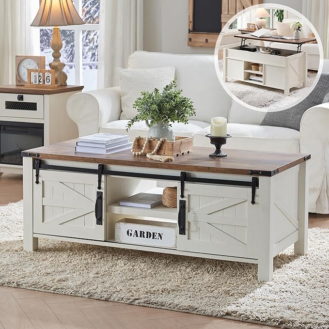OKD 48" Farmhouse Lift Top Coffee Table with Sliding Barn Door,Rustic Center Table with Hidden Storage Compartment,Lifting Tabletop and Adjustable Shelf for Living Room,Office,Antique White