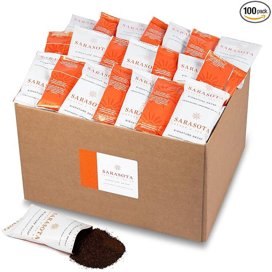 Sarasota Coffee Packs Bulk Ground Packets | Decaf | Gourmet Decaffeinated Assorted Gift Set Sampler | Low Acid Mold Free Single Pot Individual Pouches for 12 Cup Coffee Maker | 1.75 Oz Bags, 100 Count