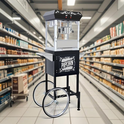 Popcorn Machine with Cart, 10oz Commercial Popcorn Maker Machine with Stainless Steel Kettle, Reject Kernel Tray, Warming Light and Steel Frame Tempered Glass Doors