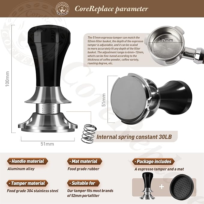 Newest 51mm Espresso Coffee Tamper Adjustable Height with Scale, 30lbs Springs Tamping Strength, Stainless Steel Flat Base, with Mat
