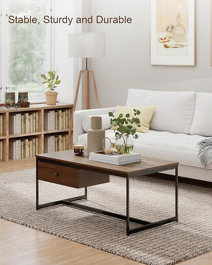 Manora Minimalist Coffee Table with Drawer, Modern Industrial Aesthetic Center Table for Living Room, Stylish Wood Modern Coffee Table with Storage, Walnut