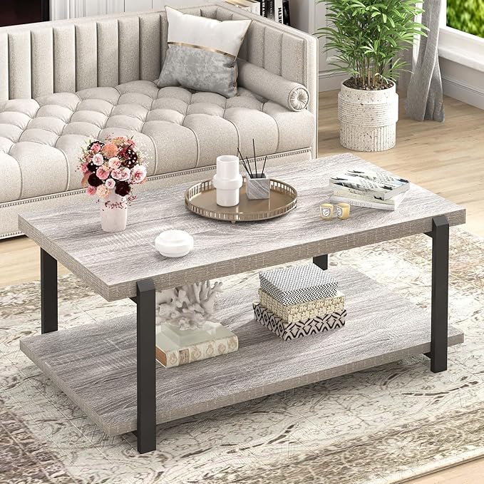 FOLUBAN Rustic Coffee Table, Modern Wood Center Table for Living Room, Industrial 2 Tier Rectangle Low Cocktail Tea Table with Storage Shelf, Light Grey