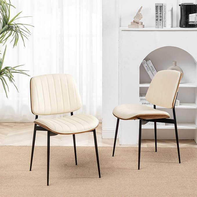 LUNLING Dining Room Chairs Set of 2 Mid Century Modern Retro Beige Faux Leather Chair with Walnut Bentwood Upholstered Seat Metal Legs Kitchen Chairs Adjustable Foot for Kitchen Dining Room