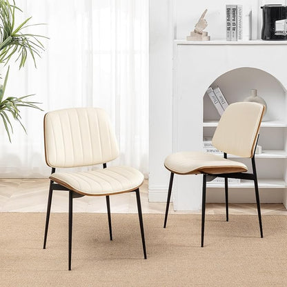 LUNLING Dining Room Chairs Set of 2 Mid Century Modern Retro Beige Faux Leather Chair with Walnut Bentwood Upholstered Seat Metal Legs Kitchen Chairs Adjustable Foot for Kitchen Dining Room