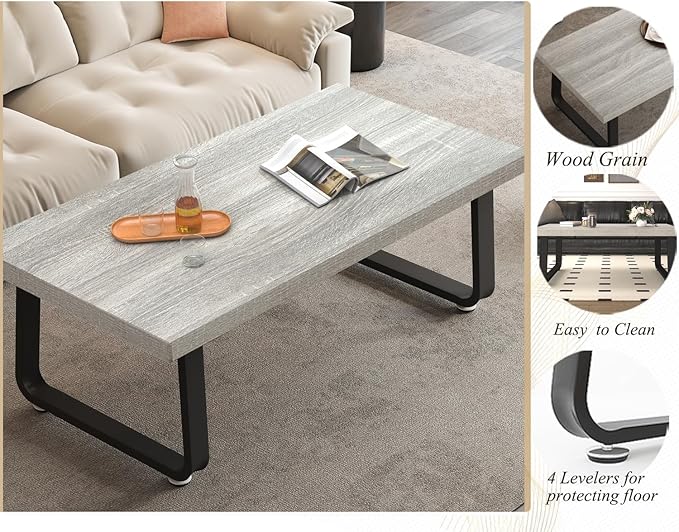 HSH Industrial Coffee Table, Modern Minimalist Center Table, Wooden Rectangle Living Room Table for Small Space, Farmhouse Wood and Metal Tea Table for Home Bedroom Office, Light Grey Oak, 47 in