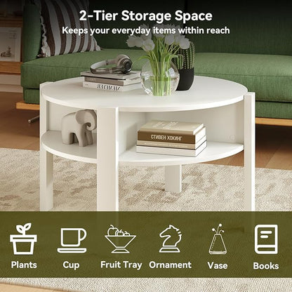 Giantex Round Coffee Table, 2-Tier Mid Century Modern Tea Cocktail Table with Storage Shelves & 4 Side Compartments, Wood Center Table for Living Room, Small Spaces (White)