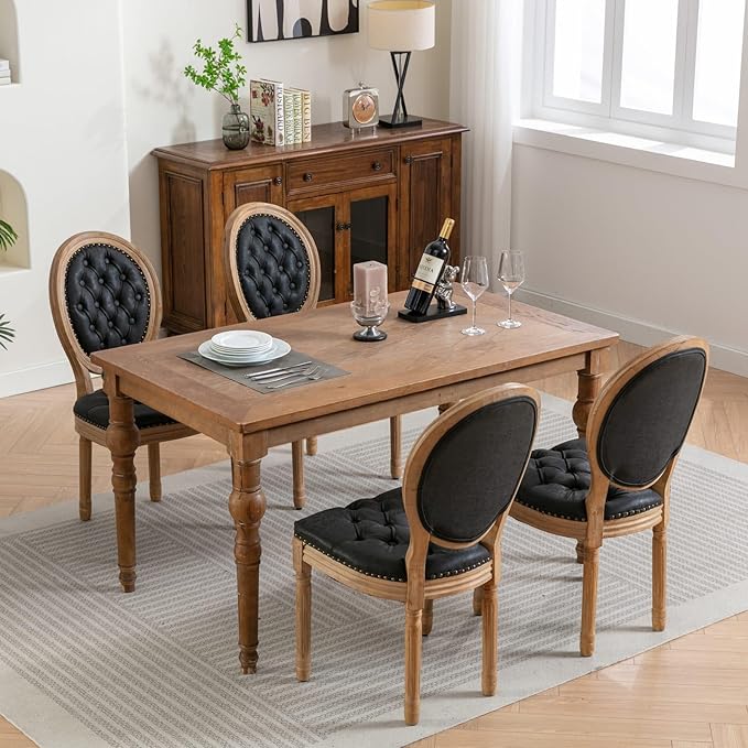 French Country Dining Chairs Set of 4, Vintage Wooden Dining Chairs with PU Leather Upholstered Tufted Seat,Solid Wood Legs&Frame, Farmhouse Kitchen&Living Room Chairs(Black,4 Pcs)