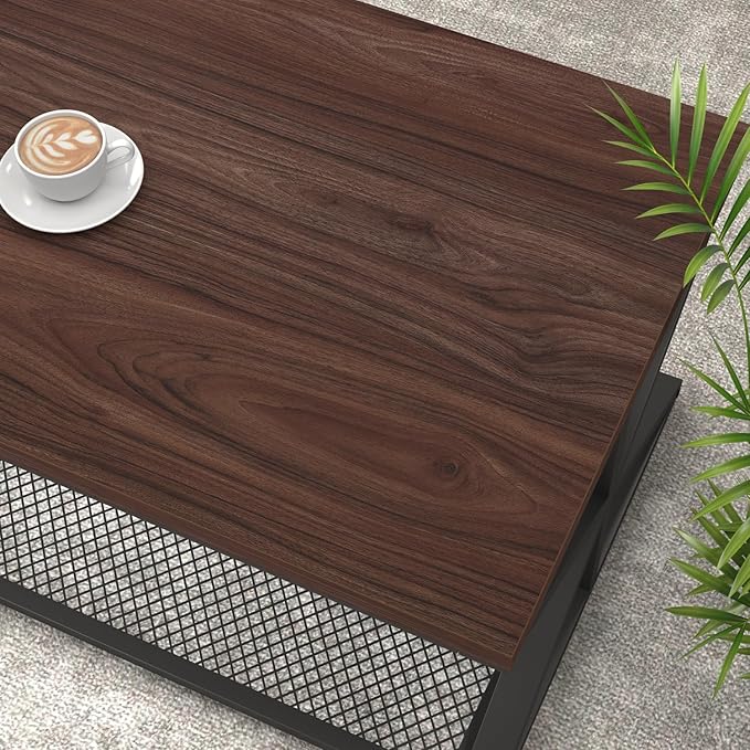 IBF Walnut Coffee Table with Storage, Industrial Wood Metal Rectangle Living Room Table, Vintage 2 Tier Middle Center Table with Mesh Shelf, Walnut, 47 inch