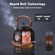 Retro Electric Kettle, 1.7L Stainless Steel Tea Kettle with Large Temperature Gauge, 1500W Fast Heating Hot Water Boiler with LED Indicator, Auto Shut-off & Boil-Dry Protection-Reteo Black