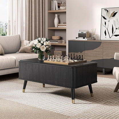 Lift Top Coffee Table, Mid Century Modern Coffee Table with Hidden Compartment, Fluted Lift Tabletop Center Table for Living Room, Home Office, Black
