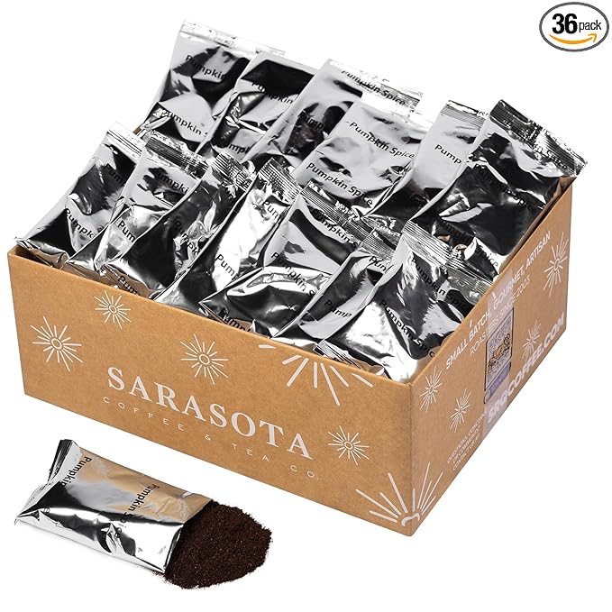 Sarasota Coffee Ground Packets | Gourmet Flavored Medium Roast Bulk Coffee Packs | Pumpkin Spice | Low Acid Mold Free Singles Individual Pouches for 12 Cup Coffee Maker | 2 Ounce Bags, 36 Count