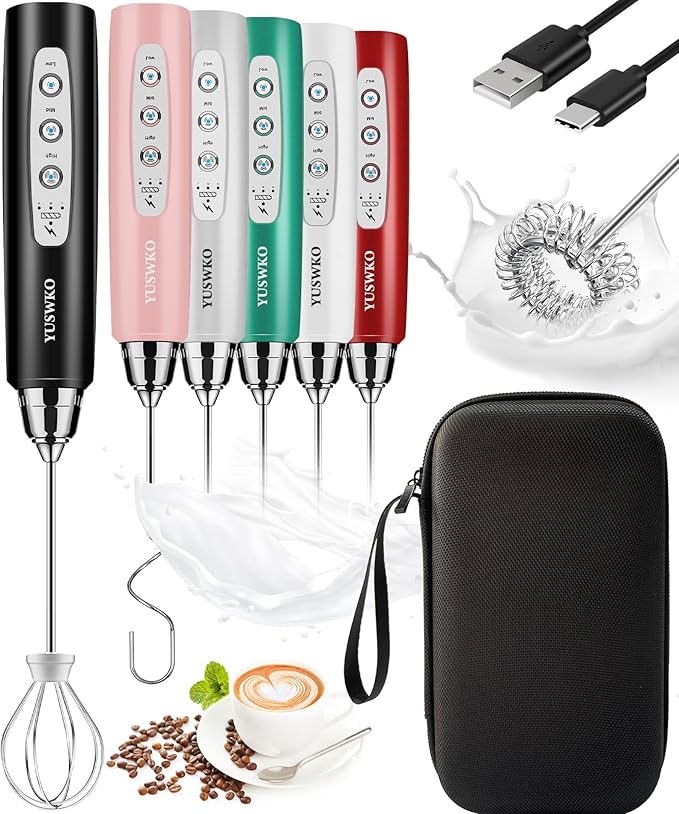 YUSWKO Rechargeable Milk Frother Handheld Frother Wand Drink Mixer for Coffee, Electric Whisk 3 Speed Adjustable, Coffee Foamer Maker with 3 Stainless Whisks Ideal Stirrers for Travel - Black