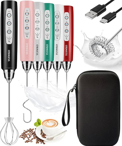 YUSWKO Rechargeable Milk Frother Handheld Frother Wand Drink Mixer for Coffee, Electric Whisk 3 Speed Adjustable, Coffee Foamer Maker with 3 Stainless Whisks Ideal Stirrers for Travel - Black