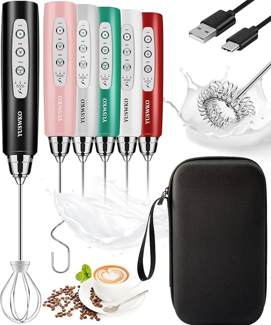 YUSWKO Rechargeable Milk Frother Handheld Frother Wand Drink Mixer for Coffee, Electric Whisk 3 Speed Adjustable, Coffee Foamer Maker with 3 Stainless Whisks Ideal Stirrers for Travel - Black